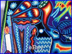 HUICHOL YARN PAINTING Brother Blue Deer Signed Art Mexican Folk Art Bautista