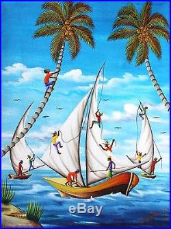 Haiti Original Folk Art Painting by Hughes Rouanez Sail Boats Fishermen Haitian