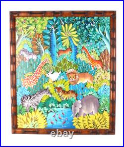 Haitian Folk Art Oil Painting Jungle Animals Scene Signed Illegible