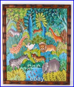 Haitian Folk Art Oil Painting Jungle Animals Scene Signed Illegible