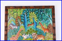 Haitian Folk Art Oil Painting Jungle Animals Scene Signed Illegible