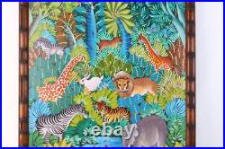 Haitian Folk Art Oil Painting Jungle Animals Scene Signed Illegible