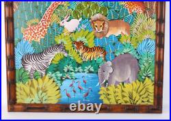 Haitian Folk Art Oil Painting Jungle Animals Scene Signed Illegible