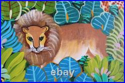 Haitian Folk Art Oil Painting Jungle Animals Scene Signed Illegible