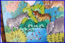 Haitian Folk Art Oil Painting Jungle Animals Scene Signed Illegible