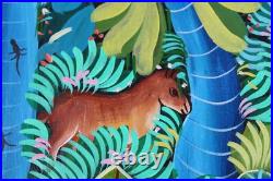 Haitian Folk Art Oil Painting Jungle Animals Scene Signed Illegible