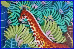 Haitian Folk Art Oil Painting Jungle Animals Scene Signed Illegible