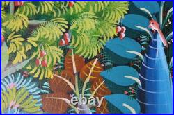 Haitian Folk Art Oil Painting Jungle Animals Scene Signed Illegible