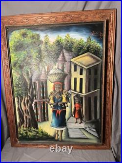 Haitian Folk Art Painting Oil on Board By Felix Jean (1929-1978) Wood Frame