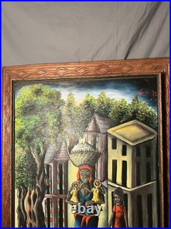 Haitian Folk Art Painting Oil on Board By Felix Jean (1929-1978) Wood Frame