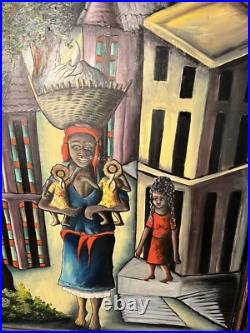 Haitian Folk Art Painting Oil on Board By Felix Jean (1929-1978) Wood Frame