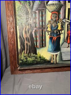 Haitian Folk Art Painting Oil on Board By Felix Jean (1929-1978) Wood Frame