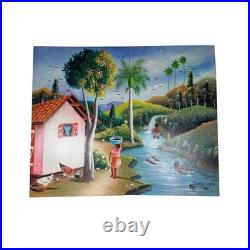 Haitian Folk Art Painting Tropical Scene River Village Chicken, VTG Damas Lubin