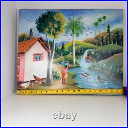 Haitian Folk Art Painting Tropical Scene River Village Chicken, VTG Damas Lubin