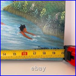 Haitian Folk Art Painting Tropical Scene River Village Chicken, VTG Damas Lubin