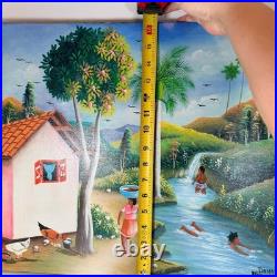 Haitian Folk Art Painting Tropical Scene River Village Chicken, VTG Damas Lubin