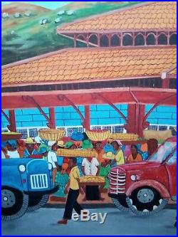 Haitian Folk Art Painting by Rony Leonidas Cap Haitien Market scene 36X24 rare
