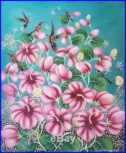 Haitian Folk art painting famous artist Aland Estime Birds Flowers Haiti 20X24