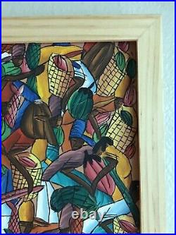 Haitian Marketplace Folk Art Painting by G. St Vil with Wooden Frame
