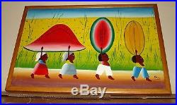 Haitian Original Folk Art Signed Fritz Haitians WithMelons Framed Oil Painting