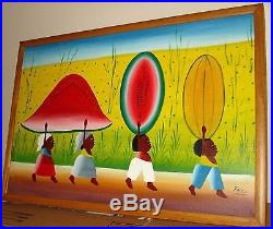 Haitian Original Folk Art Signed Fritz Haitians WithMelons Framed Oil Painting