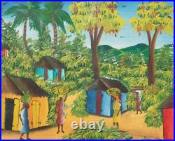 Haitian Village Scene Folk Art Painting Oil on Canvas Signed Ti Manno Colorful Haitian Village Scene Folk Art Painting Oil on Canvas Signed Ti Manno Colorful
