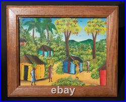 Haitian Village Scene Folk Art Painting Oil on Canvas Signed Ti Manno Colorful Haitian Village Scene Folk Art Painting Oil on Canvas Signed Ti Manno Colorful