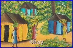 Haitian Village Scene Folk Art Painting Oil on Canvas Signed Ti Manno Colorful Haitian Village Scene Folk Art Painting Oil on Canvas Signed Ti Manno Colorful