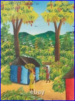 Haitian Village Scene Folk Art Painting Oil on Canvas Signed Ti Manno Colorful Haitian Village Scene Folk Art Painting Oil on Canvas Signed Ti Manno Colorful