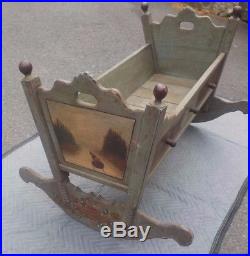 Hand Made Folk Art Primitive Rocking Wood Doll Baby Bed Crib Cradle Painting old