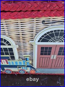 Hand Painted Folk Art Toy Chest TRAIN MAIN STREET STATION Storage 28x21x12
