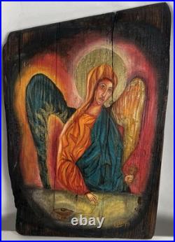 Hand-Painted Religious Icon on Wood Angelic Figure Signed ESTHER 1993