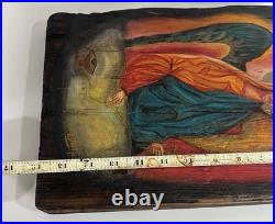 Hand-Painted Religious Icon on Wood Angelic Figure Signed ESTHER 1993