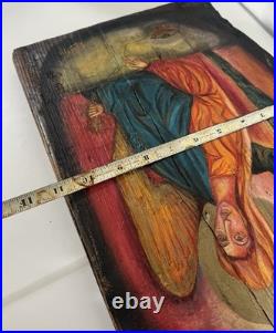 Hand-Painted Religious Icon on Wood Angelic Figure Signed ESTHER 1993