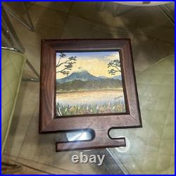 Hand-Painted Volcano Landscape in Mahogany Footed Frame