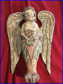 Hand carved old wooden angels pair, 16 1/2 tall x 11, original paint, Folk Art