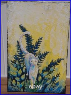 Hand painted OOAK Modern Appalachian Folk Art The Greeting cat painting feline