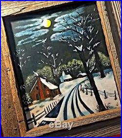 Handcrafted Folk-Art Winter Primitive-Original/Signed Oil-Rustic Barnwood Frame
