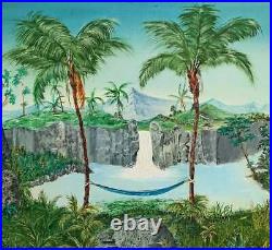 Hawaii Utopia Vintage Folk Art Painting Hammock Waterfall Mountains Tropical