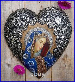 Heart Our Lady of Sorrows Painting Milagros Cuzco Style Peru & Mexican Folk Art