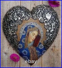 Heart Our Lady of Sorrows Painting Milagros Cuzco Style Peru & Mexican Folk Art