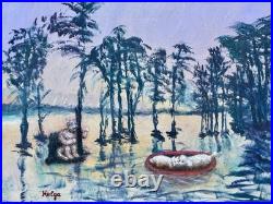 Helga Schweininger Signed Oil Painting Afraid of Drowning Folk Art 20x24
