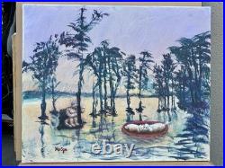 Helga Schweininger Signed Oil Painting Afraid of Drowning Folk Art 20x24