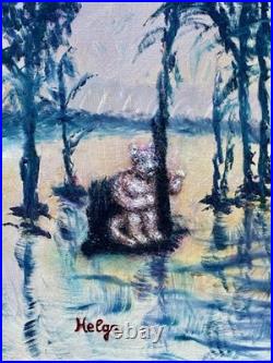Helga Schweininger Signed Oil Painting Afraid of Drowning Folk Art 20x24