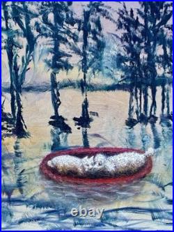 Helga Schweininger Signed Oil Painting Afraid of Drowning Folk Art 20x24