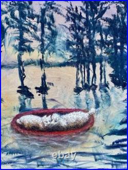 Helga Schweininger Signed Oil Painting Afraid of Drowning Folk Art 20x24 Helga Schweininger Signed Oil Painting Afraid of Drowning Folk Art 20x24
