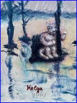 Helga Schweininger Signed Oil Painting Afraid of Drowning Folk Art 20x24