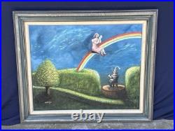 Helga Schweininger Signed Oil Painting Dreaming Rainbow Whimsical Folk Art