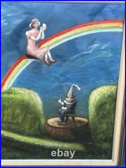 Helga Schweininger Signed Oil Painting Dreaming Rainbow Whimsical Folk Art