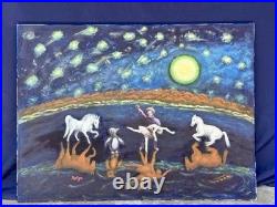Helga Schweininger Signed Oil Painting Horse Dance Folk Art Outsider 30x40